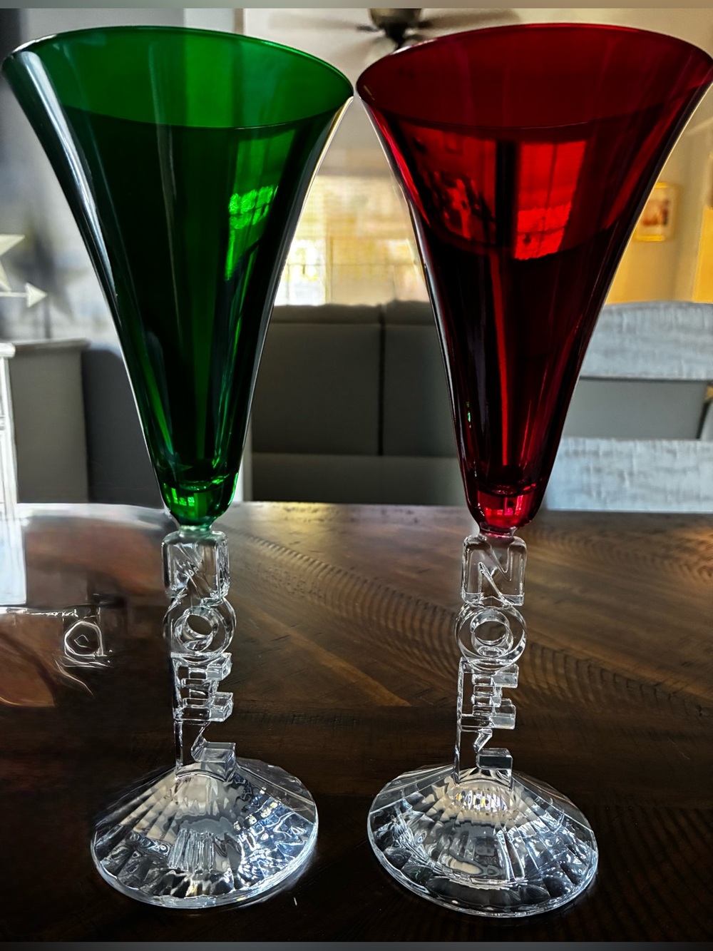 Cristal d'Arques Durand 'Noel' red and green crystal champagne flutes.